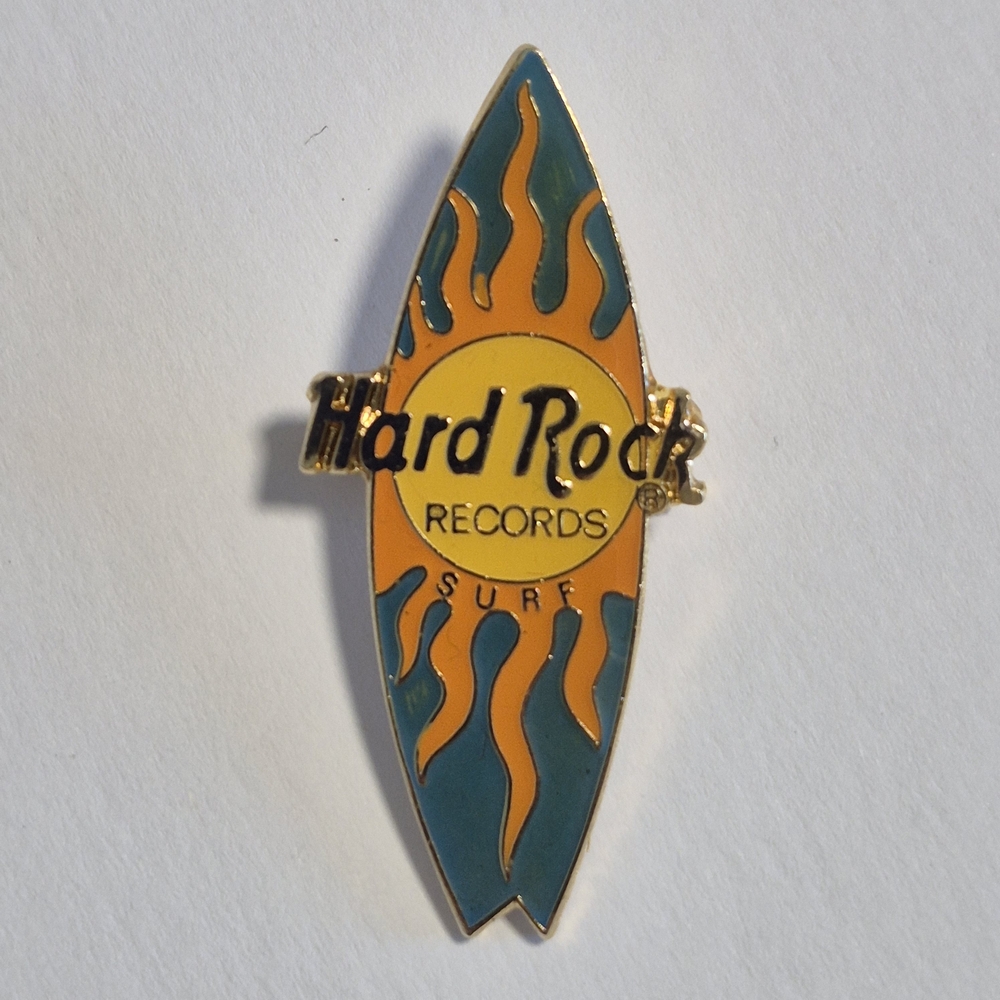 Hard Rock Records Cafe Surfboard Lapel Pin - Blue and Orange Pin Sun Flames